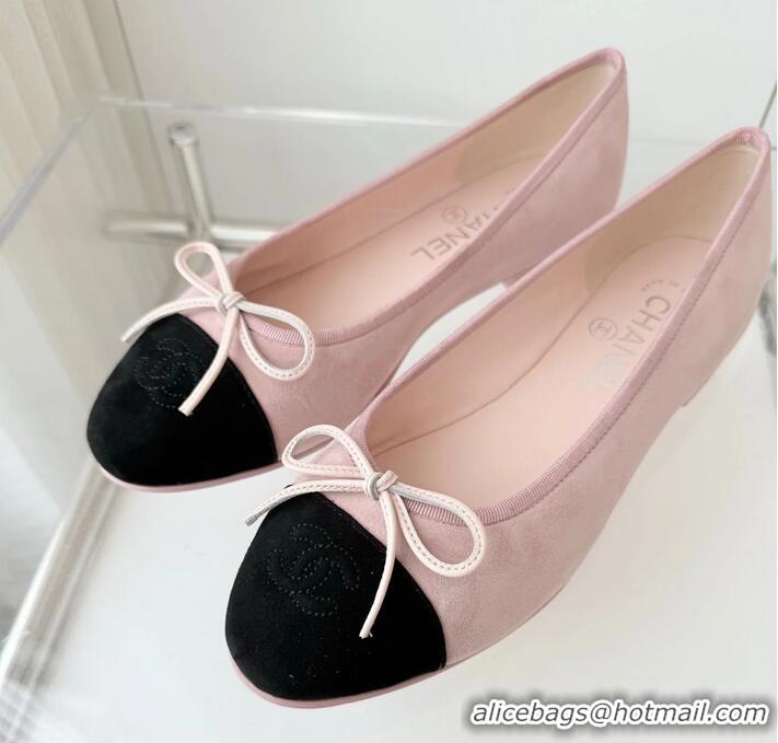 Inexpensive Chanel CC Ballet Flats with Bow Pastel Suede CH1023 Pink/Black