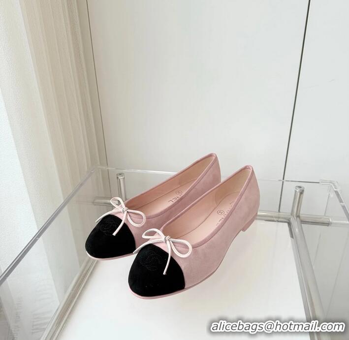 Inexpensive Chanel CC Ballet Flats with Bow Pastel Suede CH1023 Pink/Black