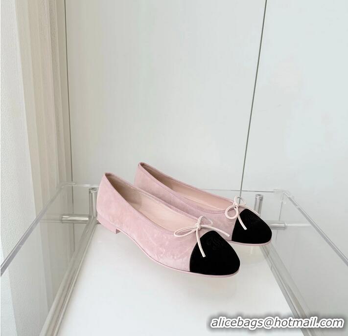 Inexpensive Chanel CC Ballet Flats with Bow Pastel Suede CH1023 Pink/Black
