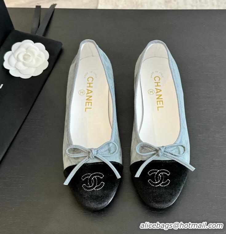 ​Buy Discount Chanel CC Ballet Flats with Bow Suede CH1023 Cloud Blue/Black Canvas