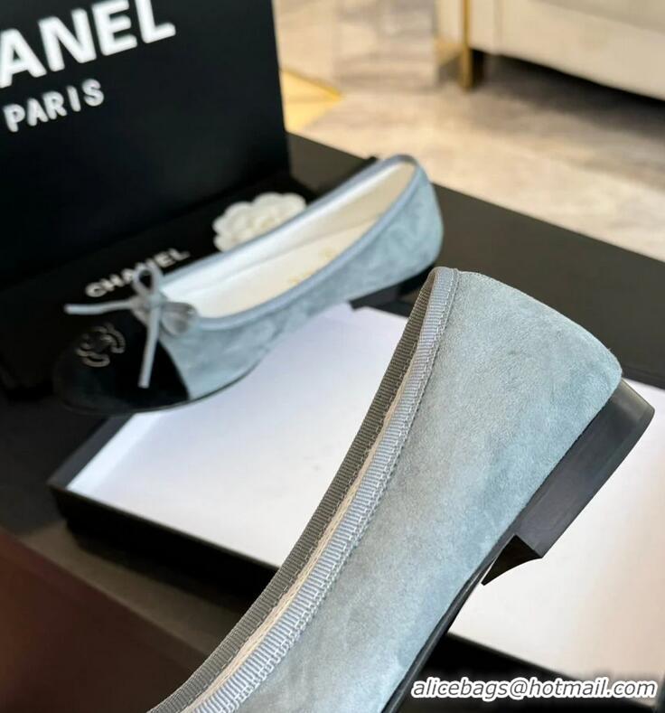 ​Buy Discount Chanel CC Ballet Flats with Bow Suede CH1023 Cloud Blue/Black Canvas