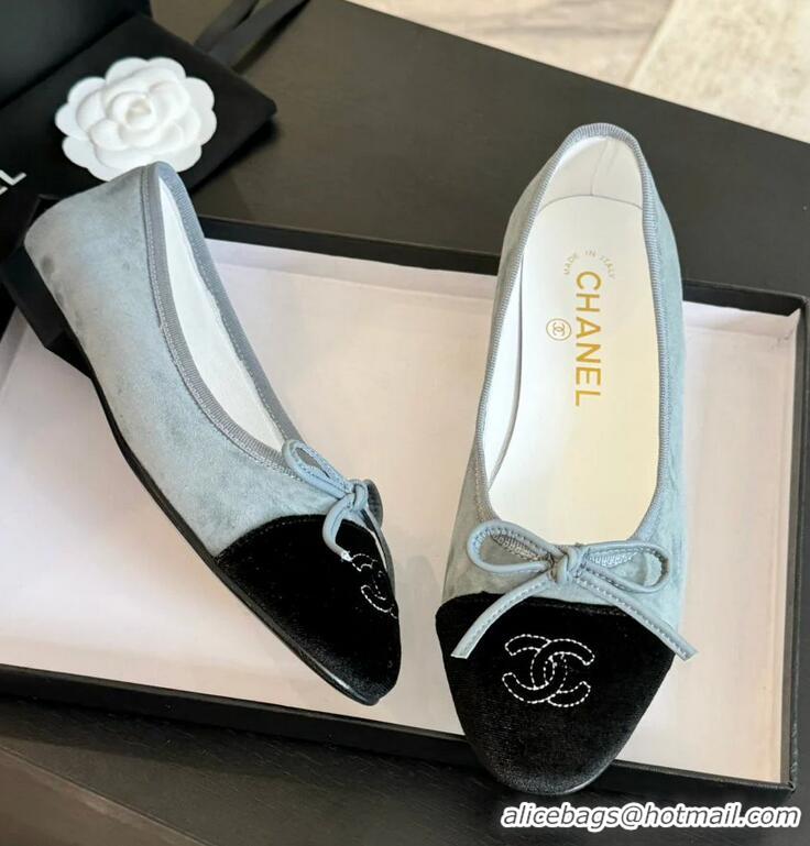 ​Buy Discount Chanel CC Ballet Flats with Bow Suede CH1023 Cloud Blue/Black Canvas