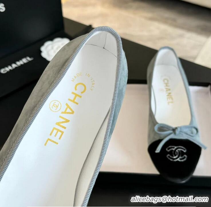 ​Buy Discount Chanel CC Ballet Flats with Bow Suede CH1023 Cloud Blue/Black Canvas