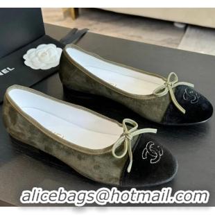 Buy Cheap Chanel CC Ballet Flats With Bow Suede CH1023 Moss Green/Black Canvas