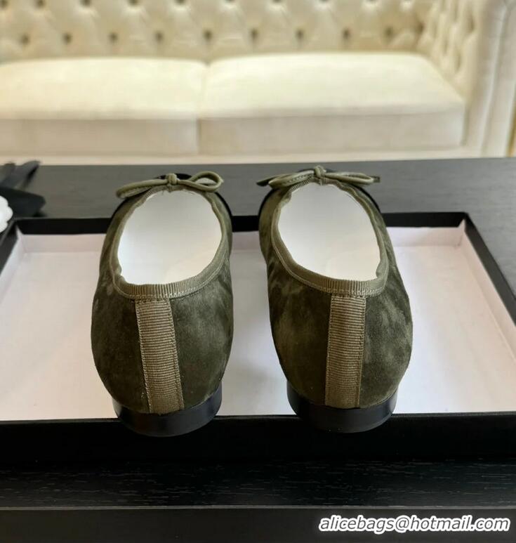Buy Cheap Chanel CC Ballet Flats With Bow Suede CH1023 Moss Green/Black Canvas