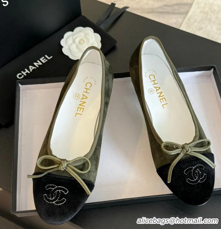 Buy Cheap Chanel CC Ballet Flats With Bow Suede CH1023 Moss Green/Black Canvas