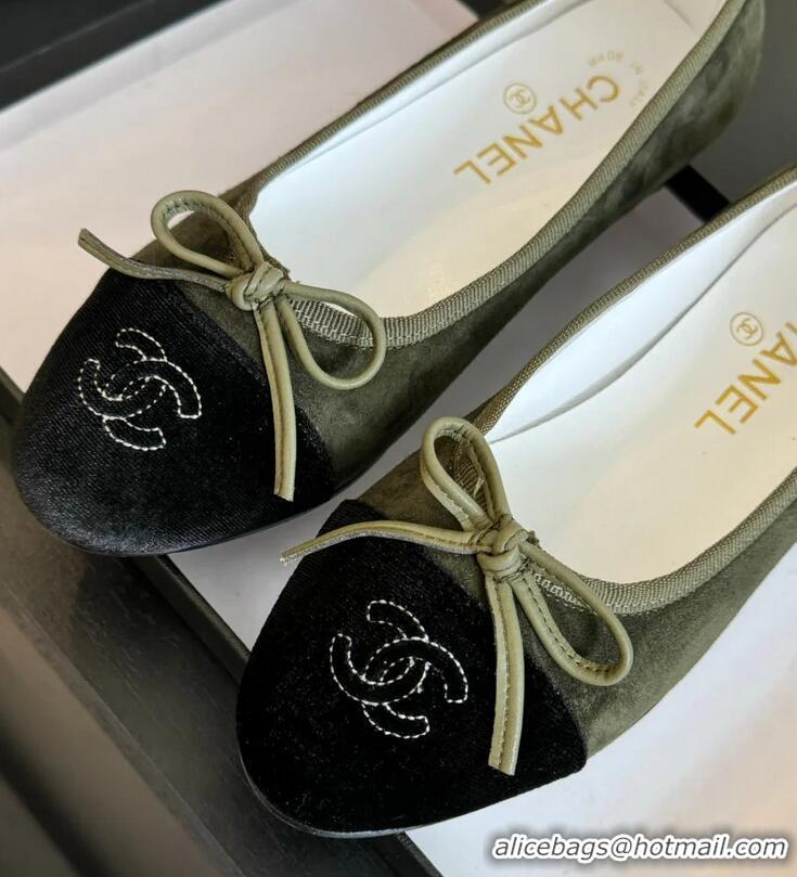 Buy Cheap Chanel CC Ballet Flats With Bow Suede CH1023 Moss Green/Black Canvas