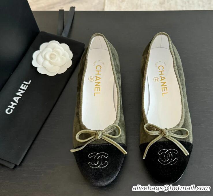 Buy Cheap Chanel CC Ballet Flats With Bow Suede CH1023 Moss Green/Black Canvas