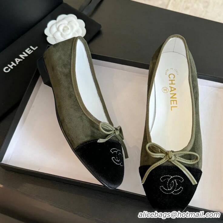 Buy Cheap Chanel CC Ballet Flats With Bow Suede CH1023 Moss Green/Black Canvas