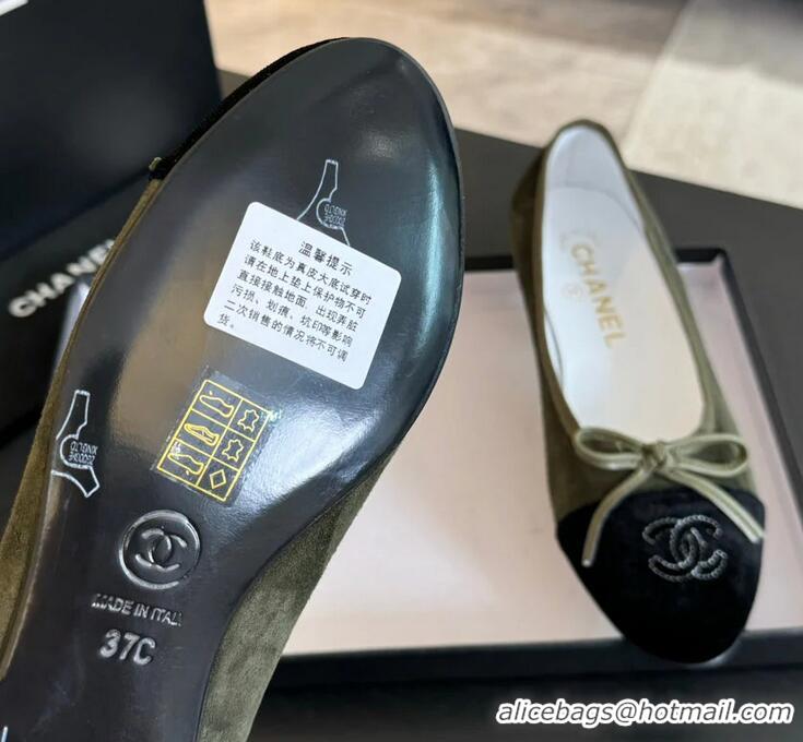 Buy Cheap Chanel CC Ballet Flats With Bow Suede CH1023 Moss Green/Black Canvas