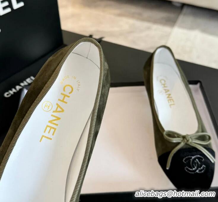 Buy Cheap Chanel CC Ballet Flats With Bow Suede CH1023 Moss Green/Black Canvas