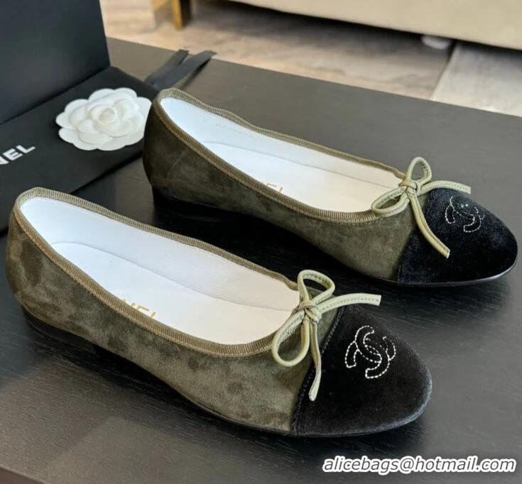 Buy Cheap Chanel CC Ballet Flats With Bow Suede CH1023 Moss Green/Black Canvas