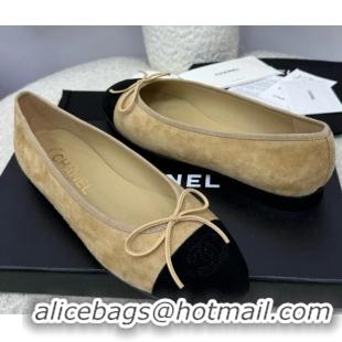 Best Quality Chanel CC 25A Ballet Flat With Bow Suede CH1023 Beige/Black