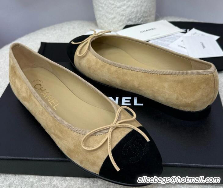 Best Quality Chanel CC 25A Ballet Flat With Bow Suede CH1023 Beige/Black