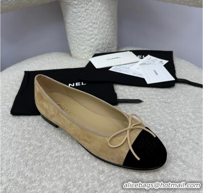 Best Quality Chanel CC 25A Ballet Flat With Bow Suede CH1023 Beige/Black