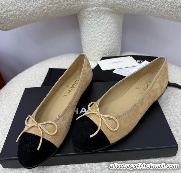 Best Quality Chanel CC 25A Ballet Flat With Bow Suede CH1023 Beige/Black