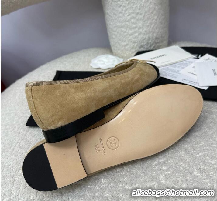 Best Quality Chanel CC 25A Ballet Flat With Bow Suede CH1023 Beige/Black