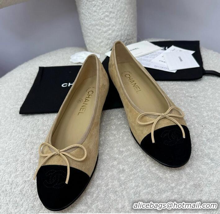 Best Quality Chanel CC 25A Ballet Flat With Bow Suede CH1023 Beige/Black