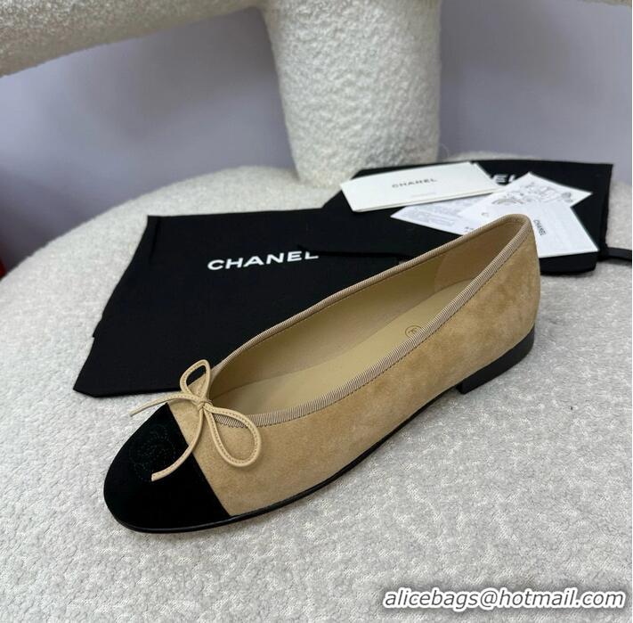 Best Quality Chanel CC 25A Ballet Flat With Bow Suede CH1023 Beige/Black