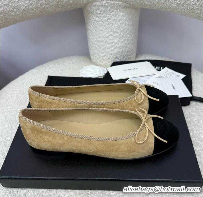 Best Quality Chanel CC 25A Ballet Flat With Bow Suede CH1023 Beige/Black