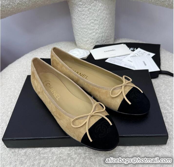 Best Quality Chanel CC 25A Ballet Flat With Bow Suede CH1023 Beige/Black