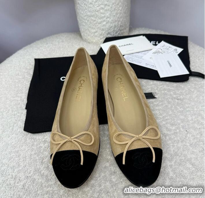 Best Quality Chanel CC 25A Ballet Flat With Bow Suede CH1023 Beige/Black