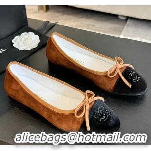 ​Buy Cheap Chanel CC Ballet Flat With Bow Suede CH1023 Dark Brown/Cloud Black Canvas