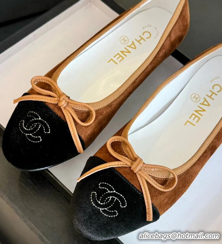 ​Buy Cheap Chanel CC Ballet Flat With Bow Suede CH1023 Dark Brown/Cloud Black Canvas
