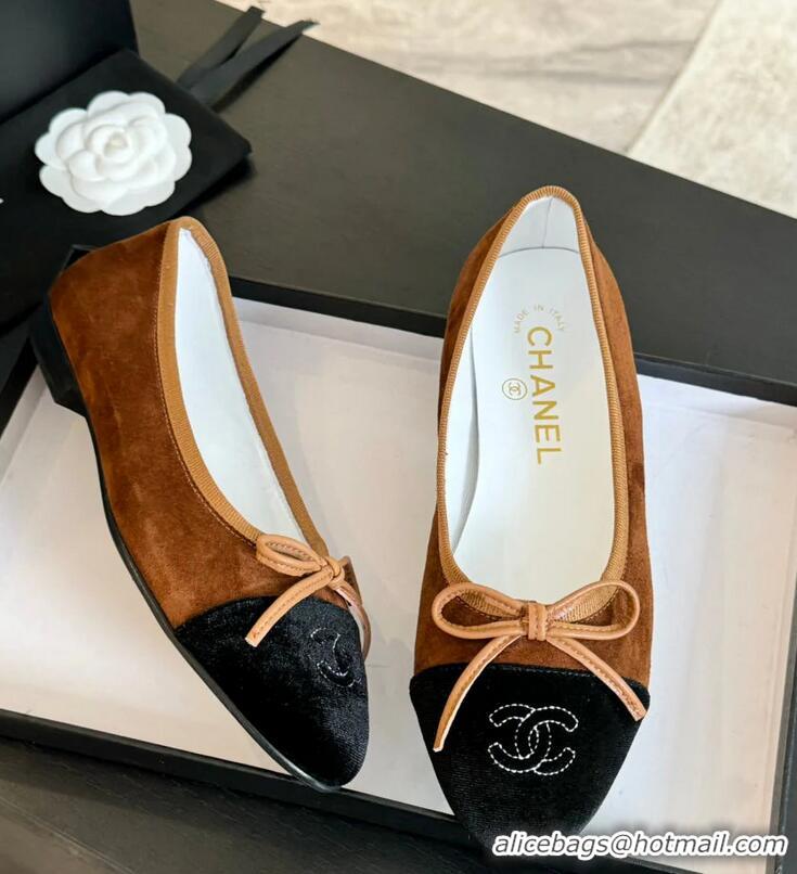 ​Buy Cheap Chanel CC Ballet Flat With Bow Suede CH1023 Dark Brown/Cloud Black Canvas