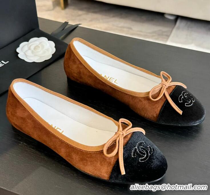 ​Buy Cheap Chanel CC Ballet Flat With Bow Suede CH1023 Dark Brown/Cloud Black Canvas