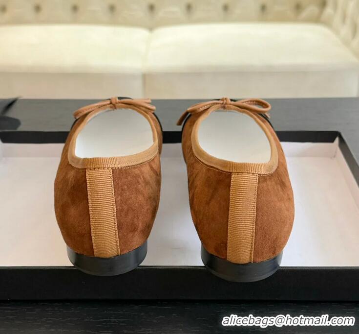 ​Buy Cheap Chanel CC Ballet Flat With Bow Suede CH1023 Dark Brown/Cloud Black Canvas