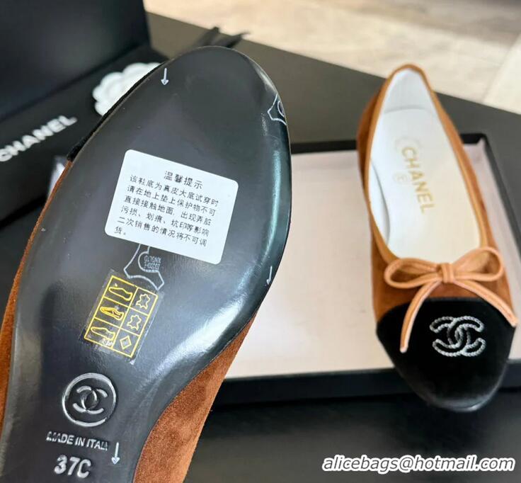 ​Buy Cheap Chanel CC Ballet Flat With Bow Suede CH1023 Dark Brown/Cloud Black Canvas