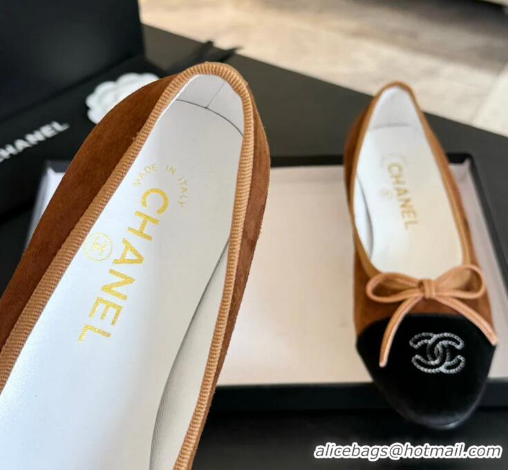 ​Buy Cheap Chanel CC Ballet Flat With Bow Suede CH1023 Dark Brown/Cloud Black Canvas