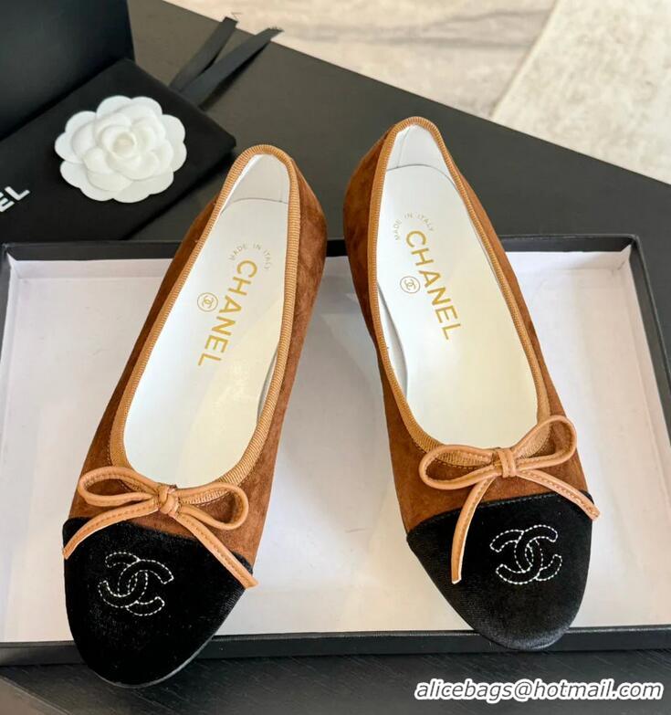 ​Buy Cheap Chanel CC Ballet Flat With Bow Suede CH1023 Dark Brown/Cloud Black Canvas