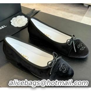 ​Unique Grade Chanel CC Ballet Flat With Bow Suede/Calfskin CH1023 All Black