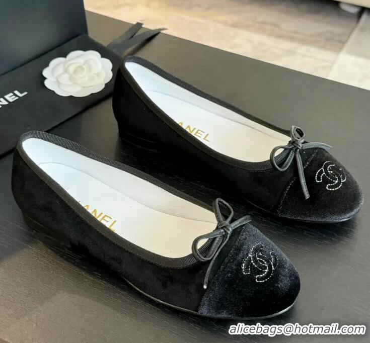 ​Unique Grade Chanel CC Ballet Flat With Bow Suede/Calfskin CH1023 All Black