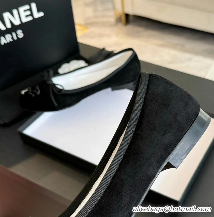 ​Unique Grade Chanel CC Ballet Flat With Bow Suede/Calfskin CH1023 All Black