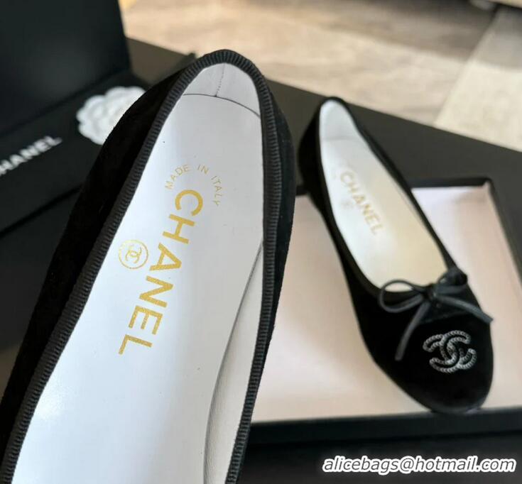 ​Unique Grade Chanel CC Ballet Flat With Bow Suede/Calfskin CH1023 All Black