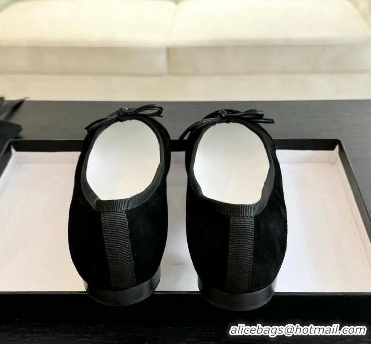 ​Unique Grade Chanel CC Ballet Flat With Bow Suede/Calfskin CH1023 All Black