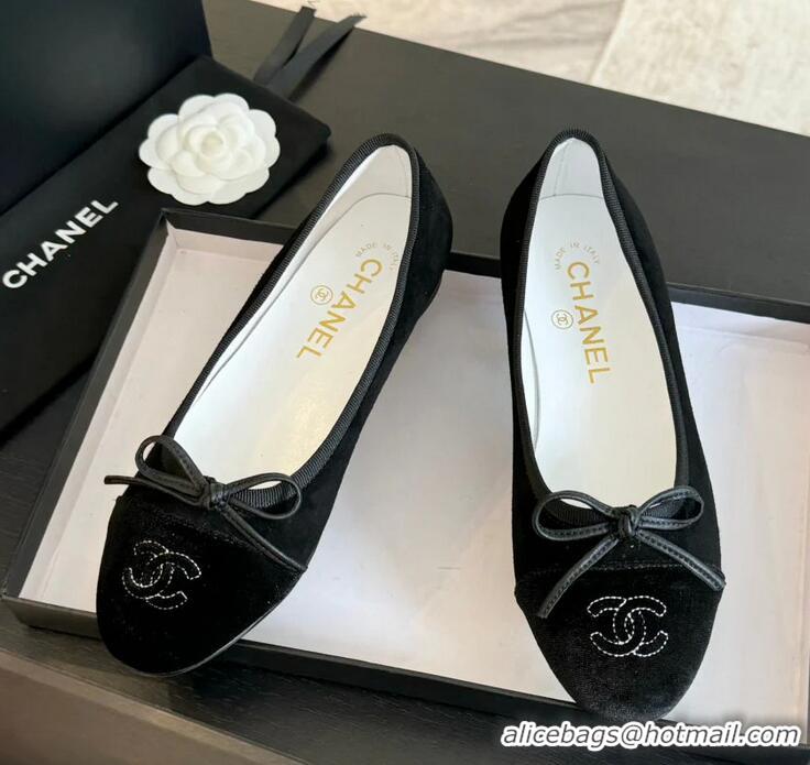 ​Unique Grade Chanel CC Ballet Flat With Bow Suede/Calfskin CH1023 All Black