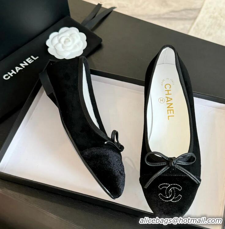 ​Unique Grade Chanel CC Ballet Flat With Bow Suede/Calfskin CH1023 All Black