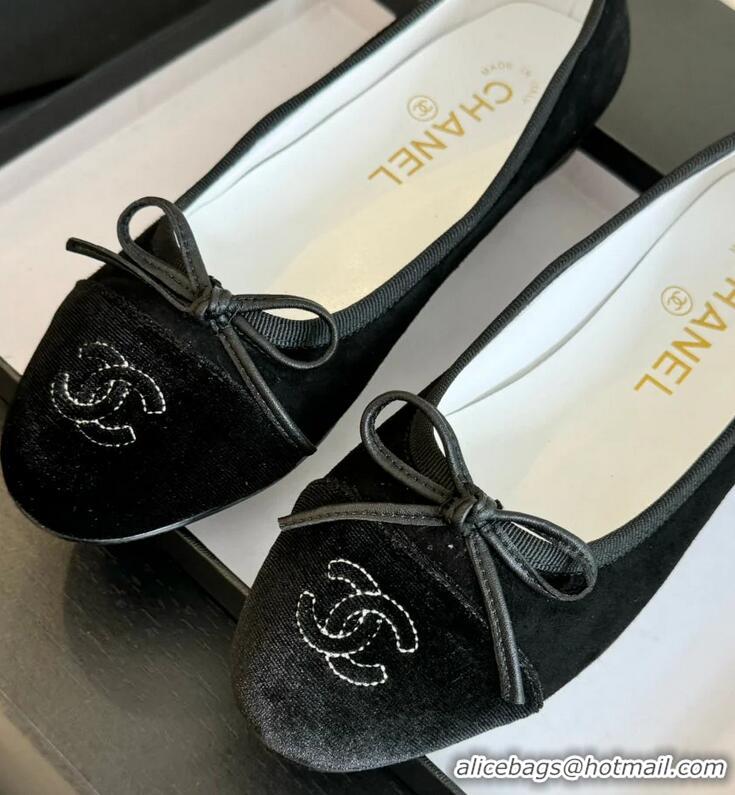 ​Unique Grade Chanel CC Ballet Flat With Bow Suede/Calfskin CH1023 All Black