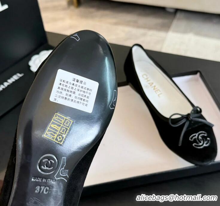​Unique Grade Chanel CC Ballet Flat With Bow Suede/Calfskin CH1023 All Black