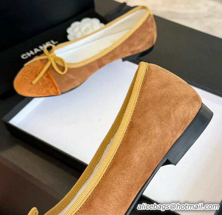 Top Quality Chanel CC Ballet Flat With Bow Suede CH1023 Brown/Amber Canvas