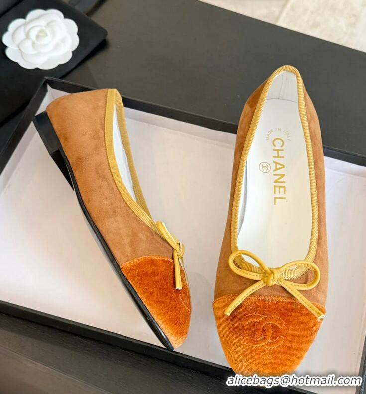 Top Quality Chanel CC Ballet Flat With Bow Suede CH1023 Brown/Amber Canvas