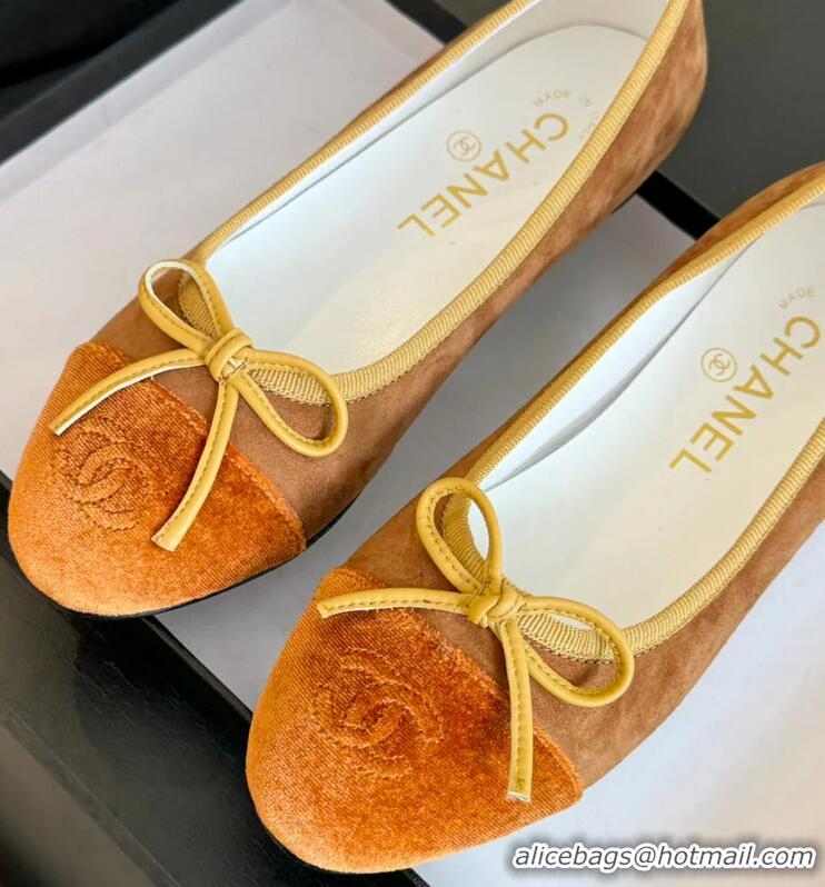 Top Quality Chanel CC Ballet Flat With Bow Suede CH1023 Brown/Amber Canvas