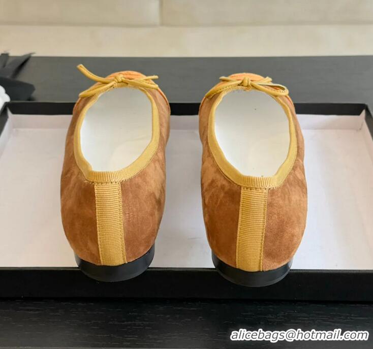 Top Quality Chanel CC Ballet Flat With Bow Suede CH1023 Brown/Amber Canvas