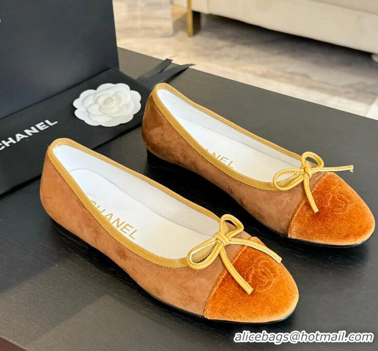 Top Quality Chanel CC Ballet Flat With Bow Suede CH1023 Brown/Amber Canvas