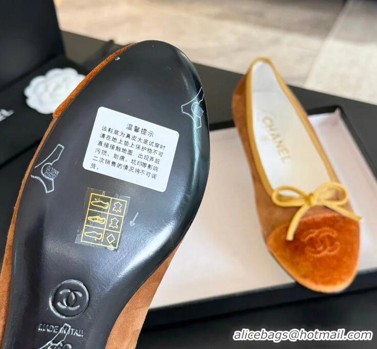Top Quality Chanel CC Ballet Flat With Bow Suede CH1023 Brown/Amber Canvas