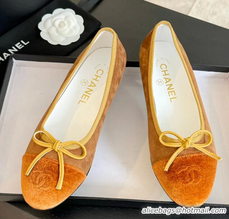 Top Quality Chanel CC Ballet Flat With Bow Suede CH1023 Brown/Amber Canvas